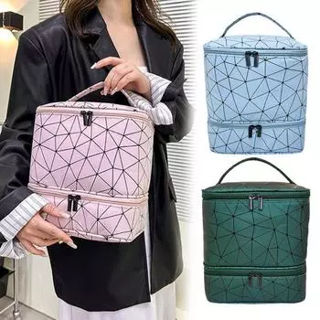 Сумка для хранения лака для ногтей с ручкой, застежкой-молнией, большой емкости, двухслойная, портативная, дорожная, для хранения и переноски набора для ногтей зелёный