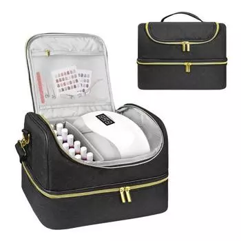Сумка для хранения лака для ногтей с ручкой, несколько отделений, большая вместимость, застежка-молния, двухслойная сумка-органайзер для принадлежностей для ногтей чёрный