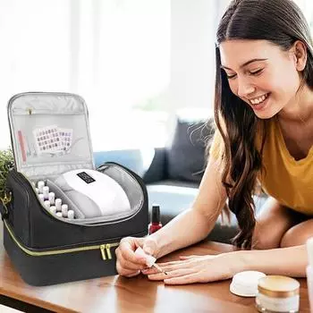 Сумка для хранения лака для ногтей с ручкой, несколько отделений, большая вместимость, застежка-молния, двухслойная сумка-органайзер для принадлежностей для ногтей чёрный