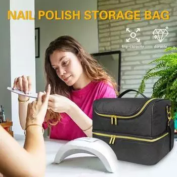 Сумка для хранения лака для ногтей с ручкой, несколько отделений, большая вместимость, застежка-молния, двухслойная сумка-органайзер для принадлежностей для ногтей чёрный
