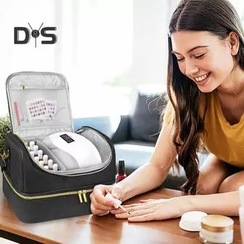 Сумка для хранения лака для ногтей с ручкой, несколько отделений, большая вместимость, застежка-молния, двухслойная сумка-органайзер для принадлежностей для ногтей чёрный