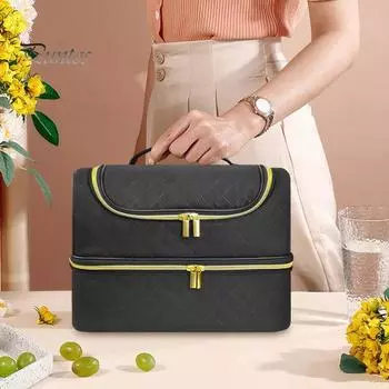 Сумка для хранения лака для ногтей с ручкой, несколько отделений, большая вместимость, застежка-молния, двухслойная сумка-органайзер для принадлежностей для ногтей чёрный