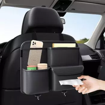 Сумка для хранения на спинке автомобильного сиденья с крючком на подголовнике, держатель для телефона из искусственной кожи, многоцелевой органайзер на заднее сиденье автомобиля, аксессуары для салона автомобиля чёрный