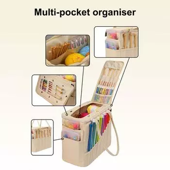 Сумка для хранения пряжи из холста, большая вместительная сумка для вязания крючком с многослойными карманами, органайзер для крючков и спиц белый