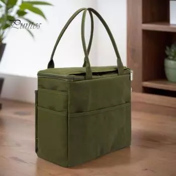 Сумка для хранения пряжи из холста, прочная сумка для вязания, дизайн с ручкой, легкая, портативная, вместительная, с многослойными карманами бежевый