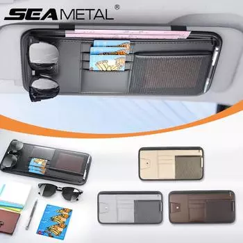 Сумка для хранения солнцезащитного козырька автомобиля SEAMETAL из искусственной кожи с несколькими карманами, органайзер для солнцезащитного козырька, держатель для автомобильных очков, карманы для хранения карт 1PC чёрный