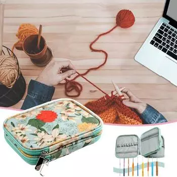 Сумка для хранения вязаных крючком вещей, два отделения, сетчатые карманы, резинки, цветочный принт, портативный чехол для вязания крючком для путешествий и вязания зелёный