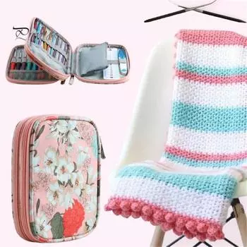 Сумка для хранения вязаных крючком вещей, два отделения, сетчатые карманы, резинки, цветочный принт, портативный чехол для вязания крючком для путешествий и вязания зелёный