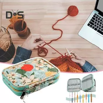 Сумка для хранения вязаных крючком вещей, два отделения, сетчатые карманы, резинки, цветочный принт, портативный чехол для вязания крючком для путешествий и вязания зелёный