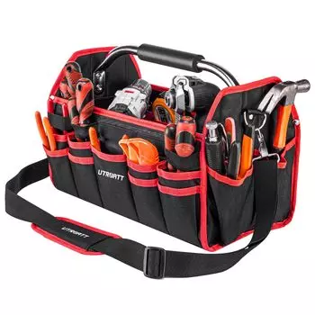 Сумка для инструментов UTRBATT Эта сумка для инструментов электрика имеет открытый верх и 26 карманов для хранения множества вещей. Поставляется со стальной ручкой и съемным плечевым ремнем.