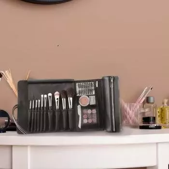 Сумка для кистей для макияжа из искусственной кожи. Складная сетчатая сумка на молнии с карманами различных размеров. Водонепроницаемая дорожная портативная сумка-органайзер на ролике для косметических туалетных принадлежностей. чёрный