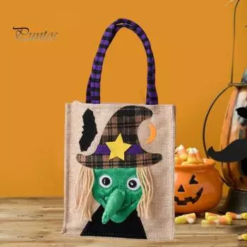 Сумка для конфет на Хэллоуин, многоразовая сумка-тоут для сладостей или угощений, тыква, ведьма, призрак, холщовая сумка с принтом на Хэллоуин, большая продуктовая сумка чёрный