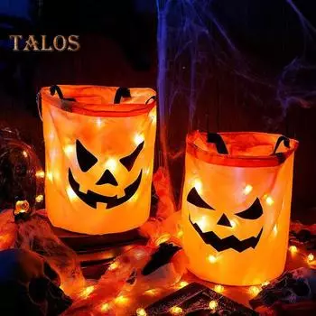 Сумка для конфет на Хэллоуин со светодиодной подсветкой, тыквенное ведро, угощение или конфетный мешок для трюков, многоразовый держатель для закусок и подарков на вечеринку в честь Хэллоуина A