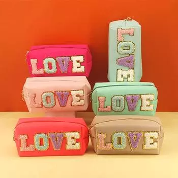 Сумка для макияжа с вышитыми буквами «Любовь», водонепроницаемая косметичка на молнии, портативная косметичка для ежедневного использования