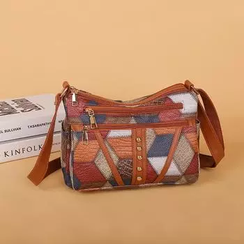 Сумка для мамы среднего возраста, сшитая в цветном стиле, сумка через плечо для женщин, ретро, с несколькими отделениями, большая вместимость, сумка через плечо кофейный