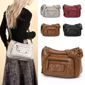 Сумка для мамы, женская сумка через плечо из мягкой кожи, многосекционная, винтажная, большой емкости, сумка через плечо серый