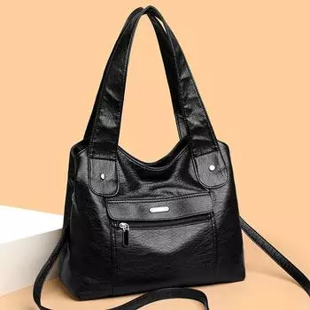Сумка для матери среднего возраста, винтажная сумка через плечо большой емкости, мягкая кожаная женская сумка-тоут чёрный