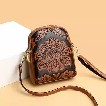 Сумка для мобильного телефона из искусственной кожи с тиснением в китайском этническом стиле для женщин, универсальная сумка через плечо, двухслойная вертикальная мини-сумка 15CMX19CMX6CM чёрный