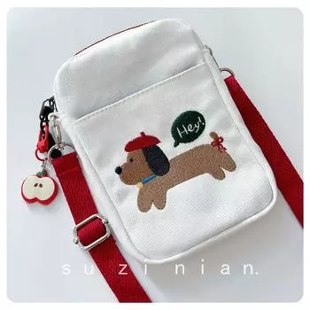 Сумка для мобильного телефона из нового холста в японском стиле, дикая тканевая сумка для девочек, мини-сумка через плечо, милый кошелек на молнии для монет Red Hat Puppy + Small Apple