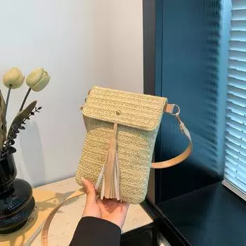 Сумка для мобильного телефона, модная маленькая квадратная сумка, этническая сумка с бахромой, фактурная соломенная плетеная сумка-мессенджер хаки