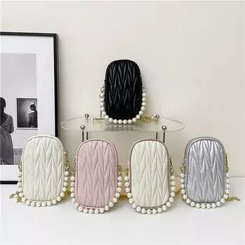 Сумка для мобильного телефона, женская сумка через плечо, новинка 2023 года, модная универсальная маленькая сумка с жемчужной цепочкой, текстурированная летняя сумка с морщинами для мобильного телефона