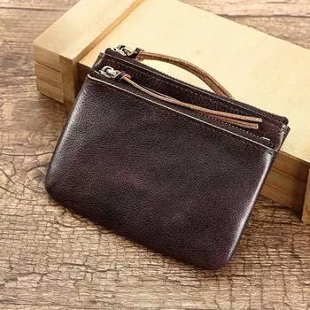 Сумка для монет из натуральной кожи с двойной молнией, высококачественная, изысканная и компактная кожаная сумка из натуральной коровьей кожи