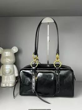 Сумка для мотоцикла из масляно-вощеной кожи, сумка для боулинга на одно плечо, сумка на подмышку, женская модная и универсальная, большой емкости 30x13.5x14cm чёрный