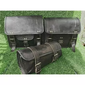 Сумка для мотоцикла из натуральной кожи, 3 седельных сумки, корзины для инструментов, левая и правая передняя вилка чёрный