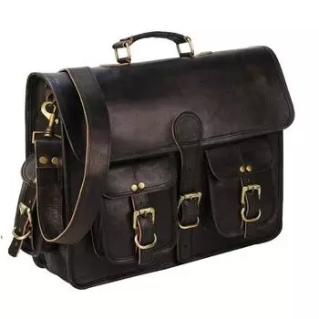Сумка для ноутбука в стиле ретро из натуральной козьей черной кожи, портфель через плечо 11 x 15 x 4 in чёрный