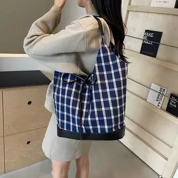Сумка для отдыха и поездок на работу, вместительная, женская, 2024 года, новая популярная сумка через плечо в клетку, модная, универсальная, портативная сумка-ведро
