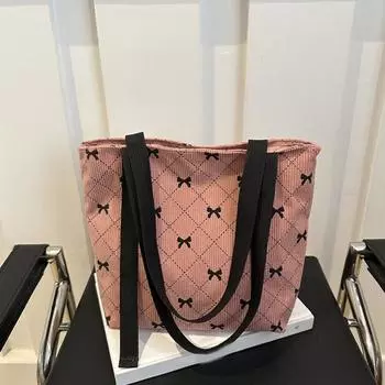 Сумка для поездок на работу с бантом, вельветовая сумка, большая вместимость, женская сумка-тоут, много карманов, модная сумка через плечо 24x10x25cm розовый