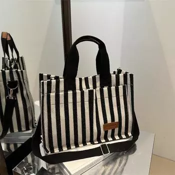 Сумка для поездок на работу в большом объеме Женская сумка Популярная полосатая холщовая сумка Сумка-мессенджер Модная портативная сумка-тоут красный