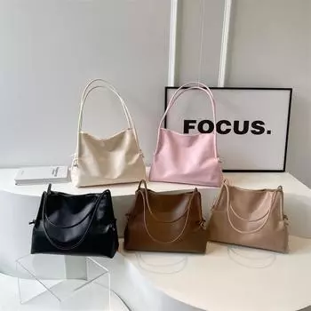 Сумка для поездок на работу в стиле ретро, вместительная, подмышечная, новинка 2024 года, женская сумка, однотонная, мягкая, сумка-ведро, простая сумка через плечо чёрный