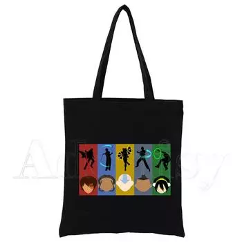 Сумка для покупок Avatar The Last Airbender с принтом, оригинальный дизайн, белые, унисекс, модные дорожные холщовые сумки, черные 24*26cm