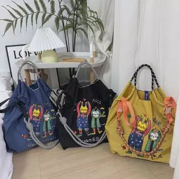 Сумка для покупок в японском стиле с милой мультяшной вышивкой 2024 года — модная, универсальная, вместительная, экологичная сумка через плечо Medium
