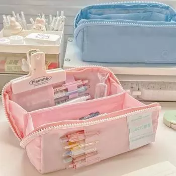 Сумка для ручек большой емкости с несколькими карманами, портативная застежка-молния, пыленепроницаемая однотонная сумка-карандаш для девочек и студентов, чехол для канцелярских принадлежностей, школьные принадлежности синий