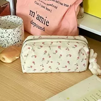 Сумка для ручек с мультяшным цветочным принтом для женщин и девочек, большая вместительная канцелярская сумка, пенал, многофункциональный органайзер для канцелярских принадлежностей 1pc