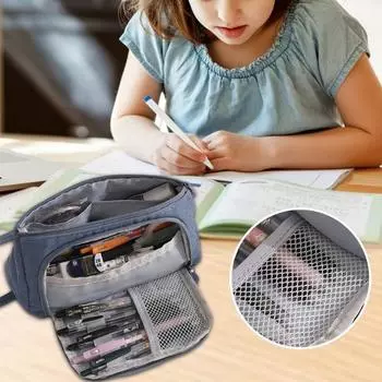 Сумка для ручек с ручным ремешком, большая вместительная портативная сумка на молнии, многофункциональная сумка-карандаш для мальчиков и девочек, канцелярские принадлежности, школьные принадлежности чёрный