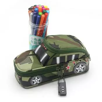 Сумка для ручек в виде транспортного средства с кодовым замком для мальчиков, двойная молния, камуфляжная холщовая пенал армия зеленый