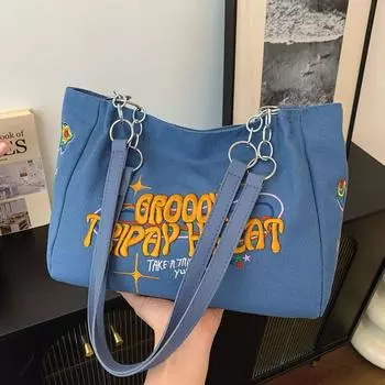 Сумка для студентов колледжа 2024 года, новая, вышитая буквами, холщовая, большая вместительная сумка через плечо, сумка-тоут для поездок на работу чёрный