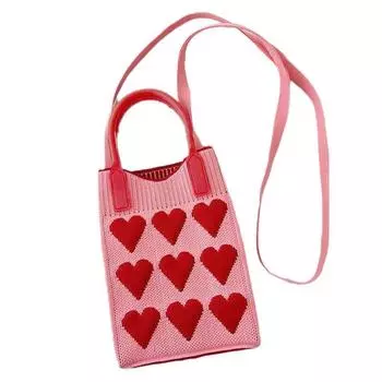 Сумка для телефона Милый дизайн сердца Вязаные сумки через плечо Студенческая мини-сумка Симпатичные универсальные высококачественные сумки из полиэстера с рисунком One Size розовый