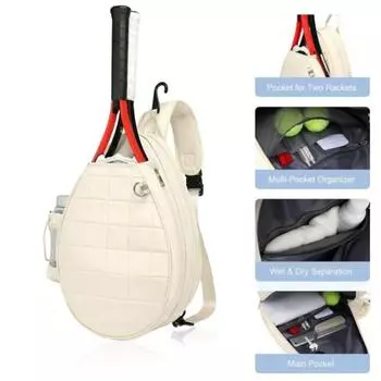 Сумка для теннисных ракеток для путешествий Большая вместимость Вмещает 2 ракетки Карман для мокрых/сухих вещей Водонепроницаемый Регулируемый мягкий плечевой ремень Рюкзак для теннисных ракеток бежевый