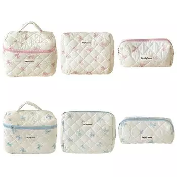 Сумка для туалетных принадлежностей с милым бантом и молнией, органайзер для макияжа, сумка для хранения, хлопковый стеганый косметический органайзер, чехол для женщин и девочек S розовый