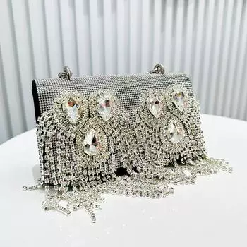 Сумка для ужина со стразами, бахрома в Гуанчжоу, персонализированная сумочка, модная сумка через плечо с цепочкой, дизайнерский кошелек серебряный