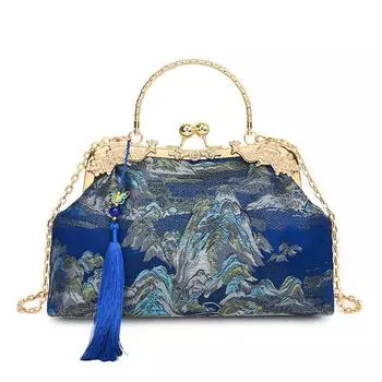 Сумка для ужина Сумка-чеонгсам с принтом Женская элегантная ретро-сумка с зажимом Классическая старинная маленькая сумка Сумка для переноски вручную синий