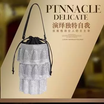 Сумка для ужина Женская плиссированная сумка для юбки Сумка-клатч с завязками на шее и кристаллами Сумка-ведро Модная сумка-мессенджер через плечо 36.14 серебряный