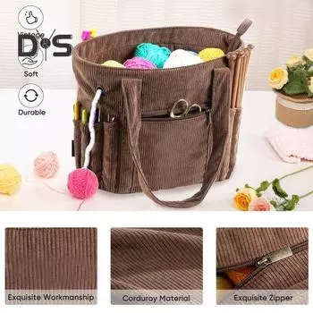 Сумка для вязания, органайзер для хранения пряжи с застежкой-молнией, большая вместимость, многоцелевая портативная сумка для вязания, органайзер для крючков коричневый
