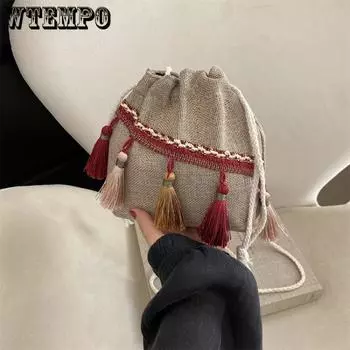 Сумка для женщин корейская версия модная универсальная сумка-ведро для девочек этнический стиль одно плечо диагональный крест шнурок кисточка красный