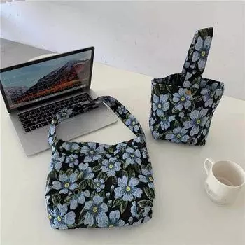 Сумка для женщин стерео жаккардовая ретро сумка подмышки шикарная французская с синим цветком молодая женская сумка через плечо студенческая холщовая сумка