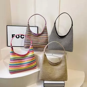 Сумка Dopamine в радужную полоску, летняя плетеная соломенная сумка, сумка через плечо, большая вместимость, пляжная сумка для подмышек розовый